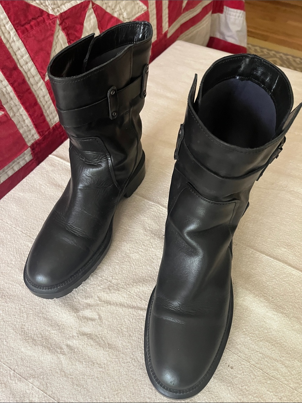 Aquatalia Black Leather Mid-Calf Combat Boots